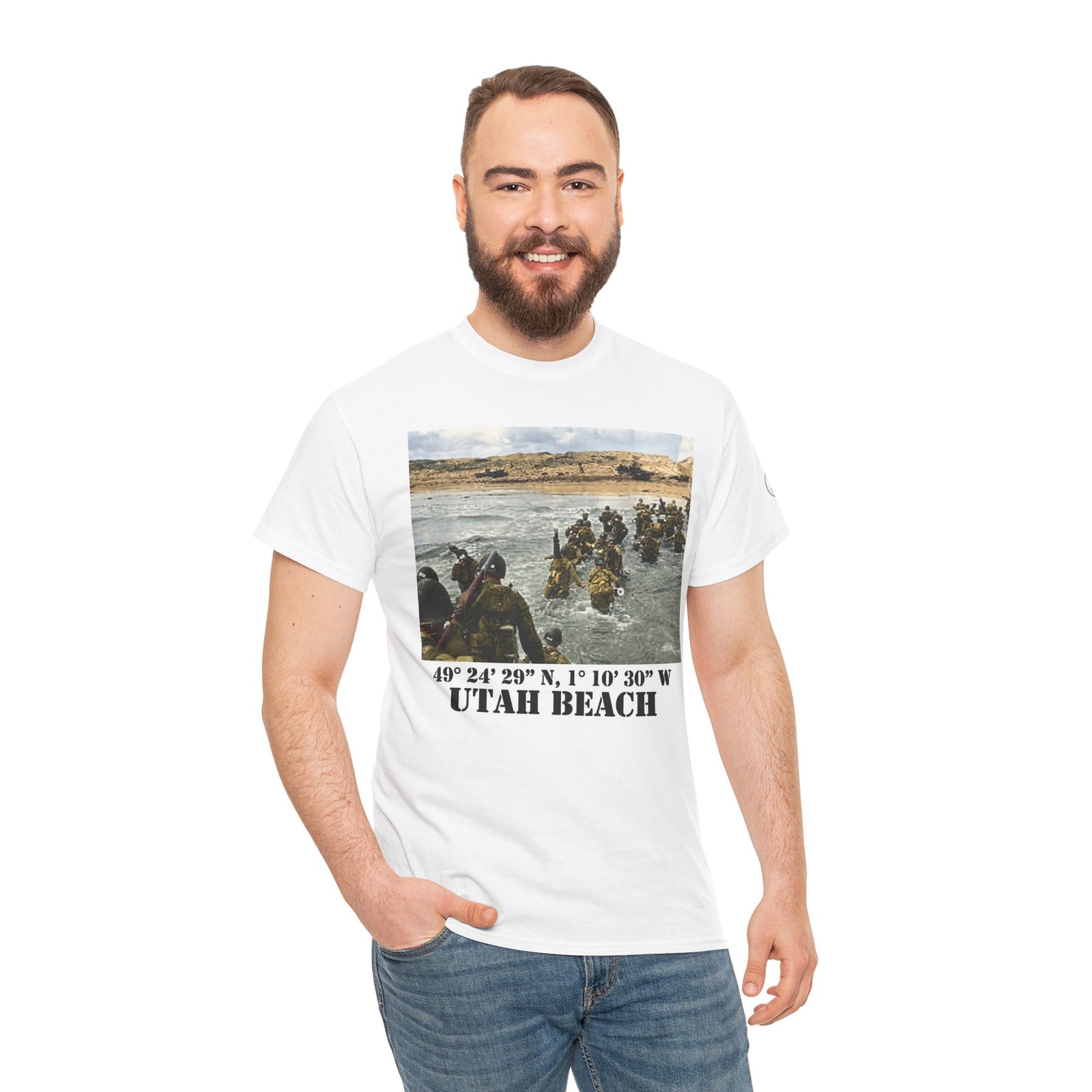 White Utah Beach D-Day T-shirt by Veteran Owned, featuring a historical image and coordinates with a smiling man in jeans.
