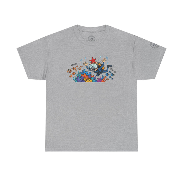Gray T-shirt by S&amp;W Gallus, featuring a diver and coral reef cartoon graphic.