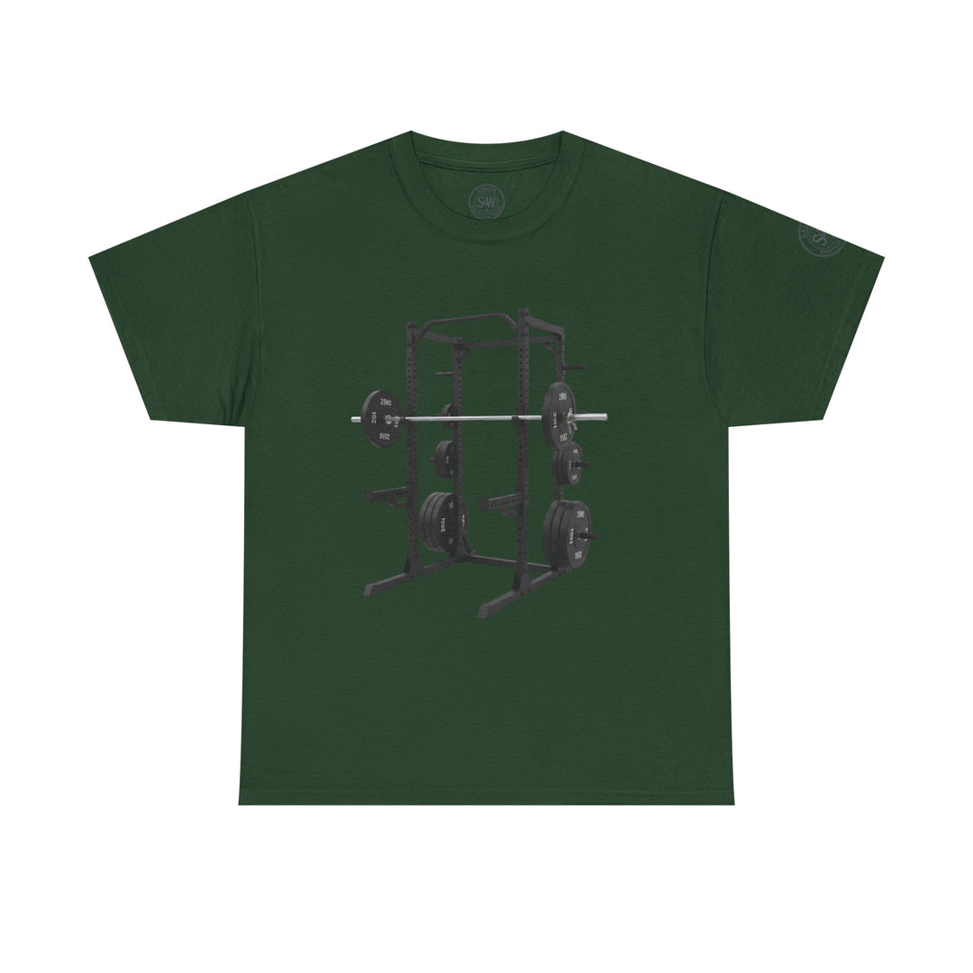 Forest green T-shirt by S&amp;W Gallus featuring a power rack with barbell and weight plates graphic.