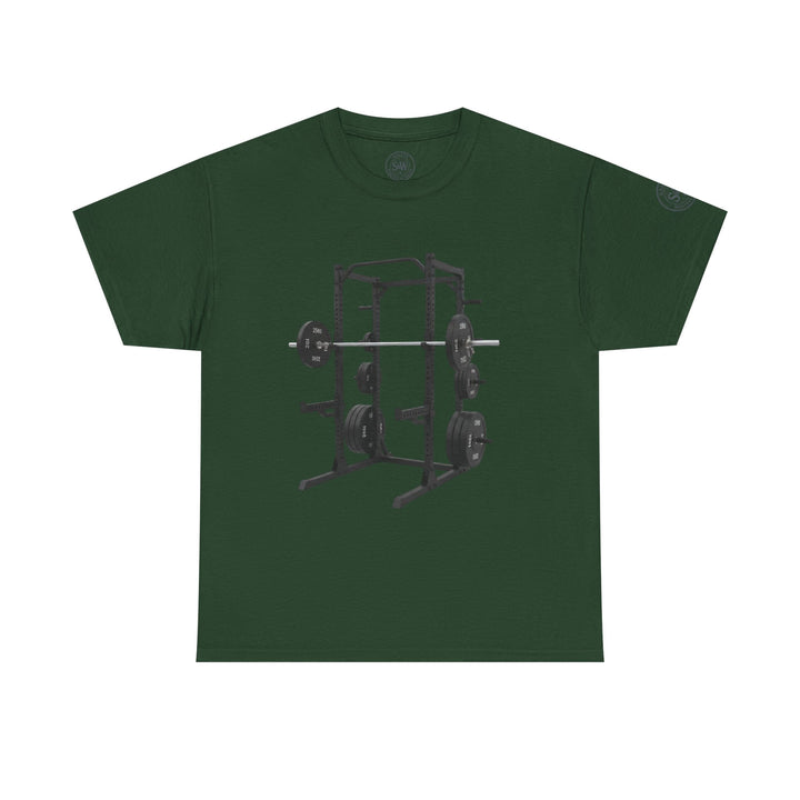 Forest green T-shirt by S&amp;W Gallus featuring a power rack with barbell and weight plates graphic.