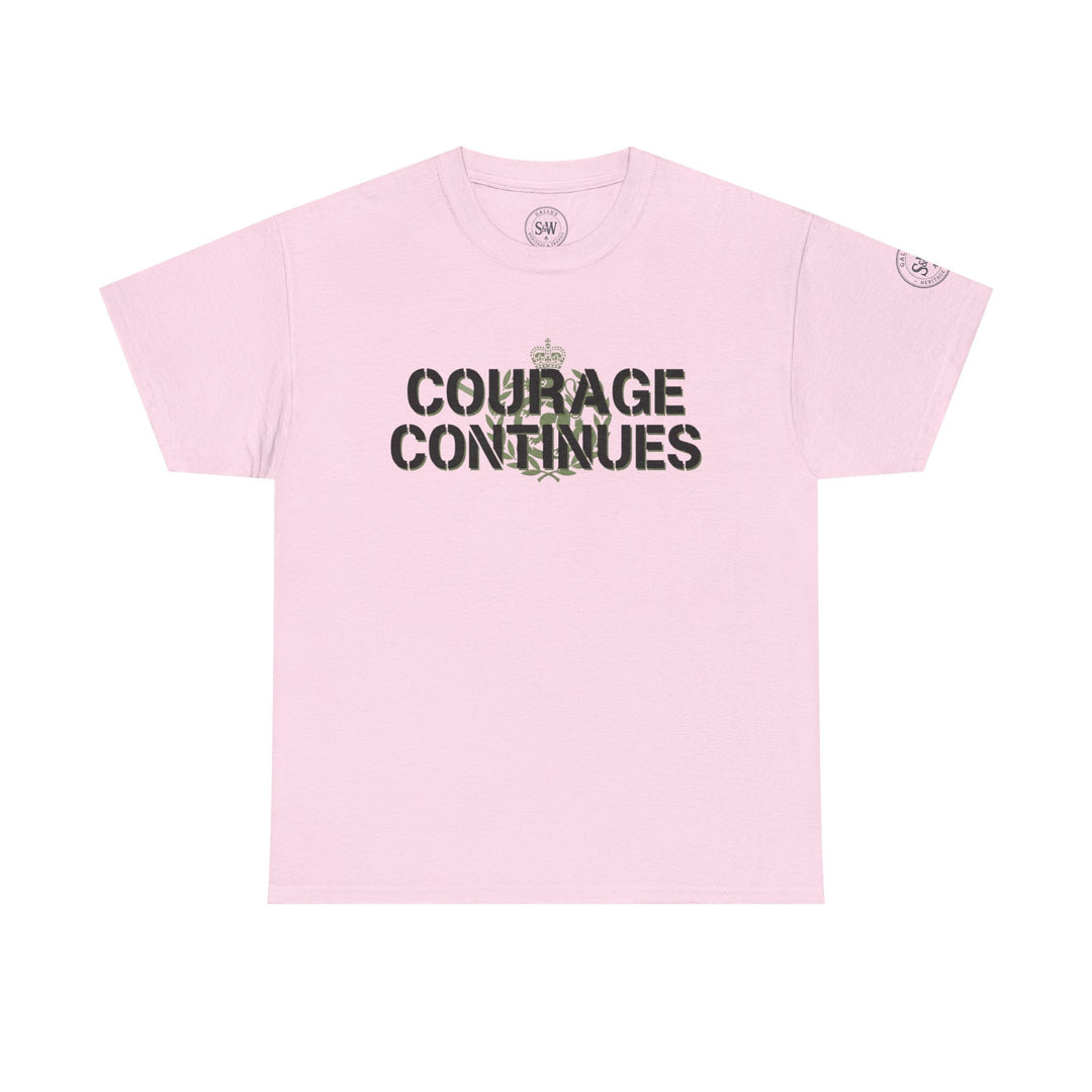 Pink Courage Continues T-shirt by S&amp;W Gallus with a distressed stencil design, featuring a crown and plant detail.