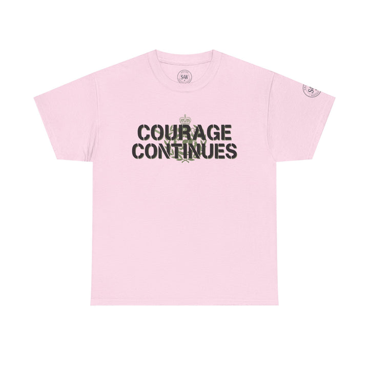 Pink Courage Continues T-shirt by S&amp;W Gallus with a distressed stencil design, featuring a crown and plant detail.