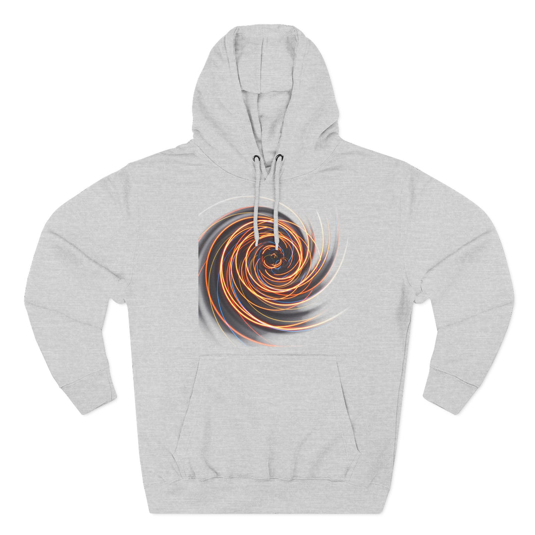 Heather gray hoodie by S&amp;W Gallus featuring a vortex of orange, black, and white flames on the chest.