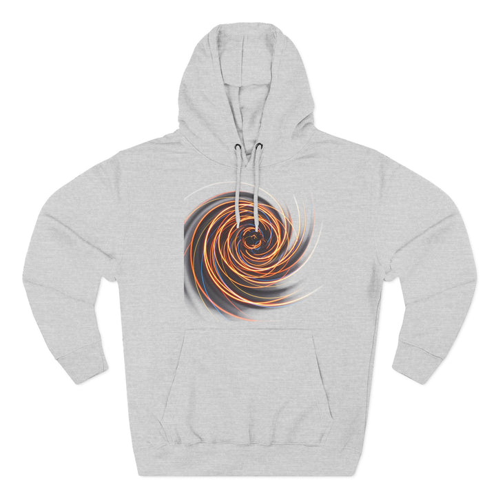 Heather gray hoodie by S&amp;W Gallus featuring a vortex of orange, black, and white flames on the chest.