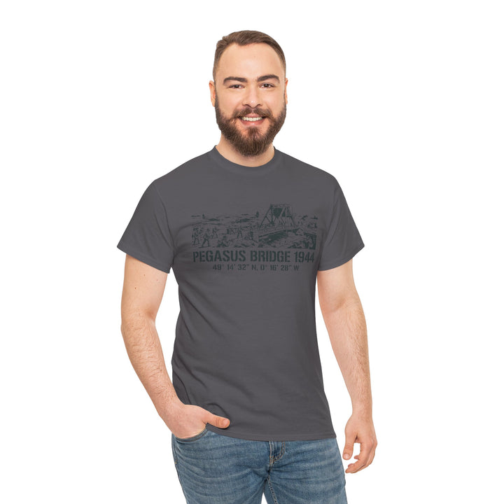 Gray Pegasus Bridge 1944 T-shirt by S&amp;W Gallus, featuring a graphic print, shown on a man in jeans.