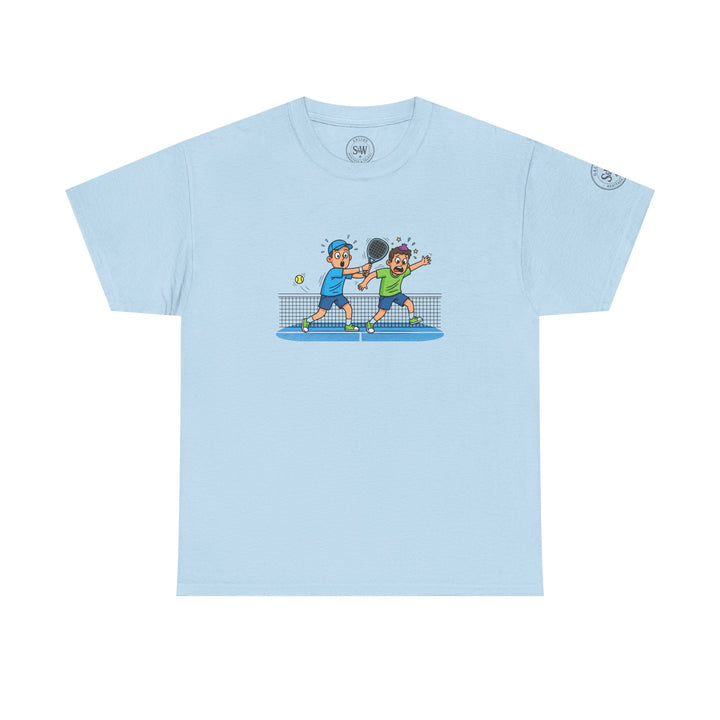 Light blue graphic tee by S&amp;W Gallus featuring a cartoon image of two paddleball players hitting a ball over a net.