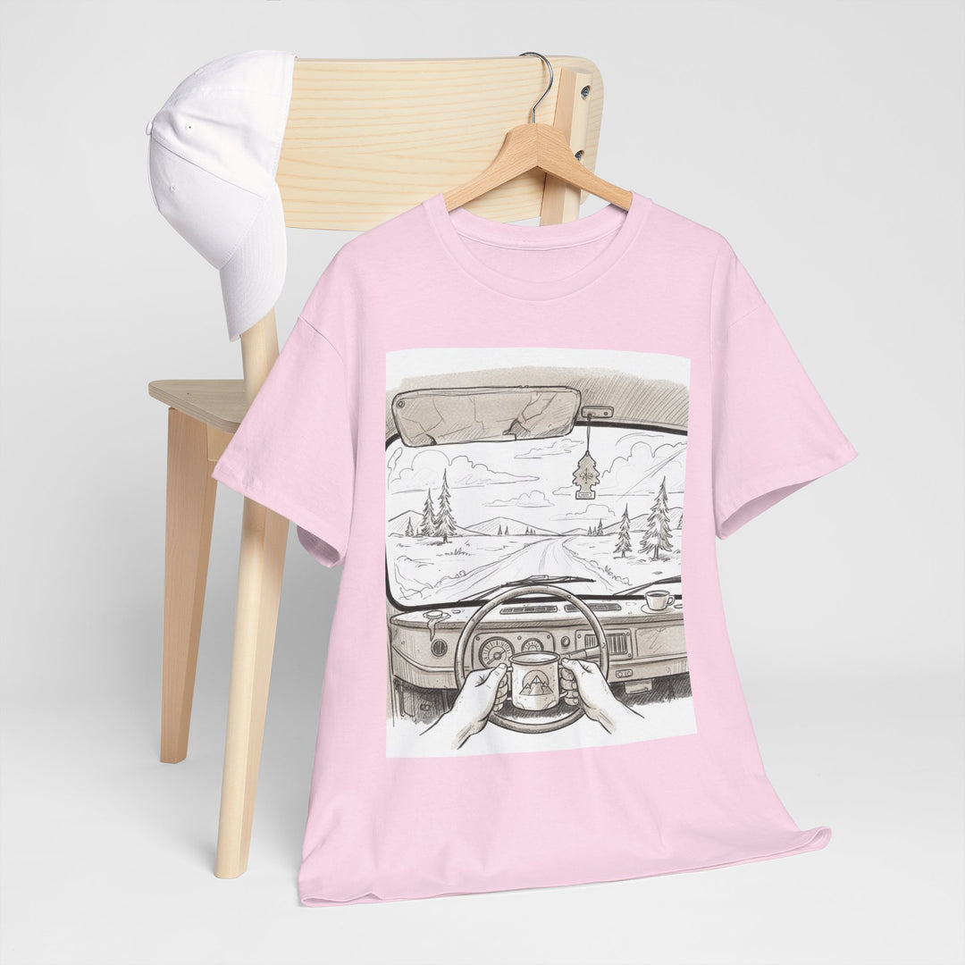 Scenic Drive Van Illustration Tee – soft cotton with a detailed van and landscape design. Perfect for road trips, outdoor adventures, and casual wear.