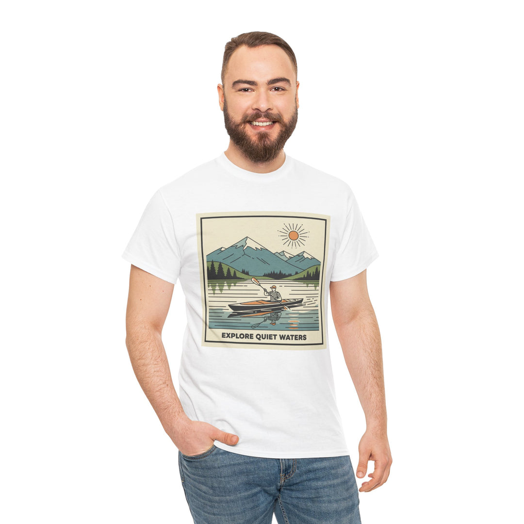 White graphic T-shirt by S&amp;W Gallus, featuring a kayaking nature scene print, styled with jeans.