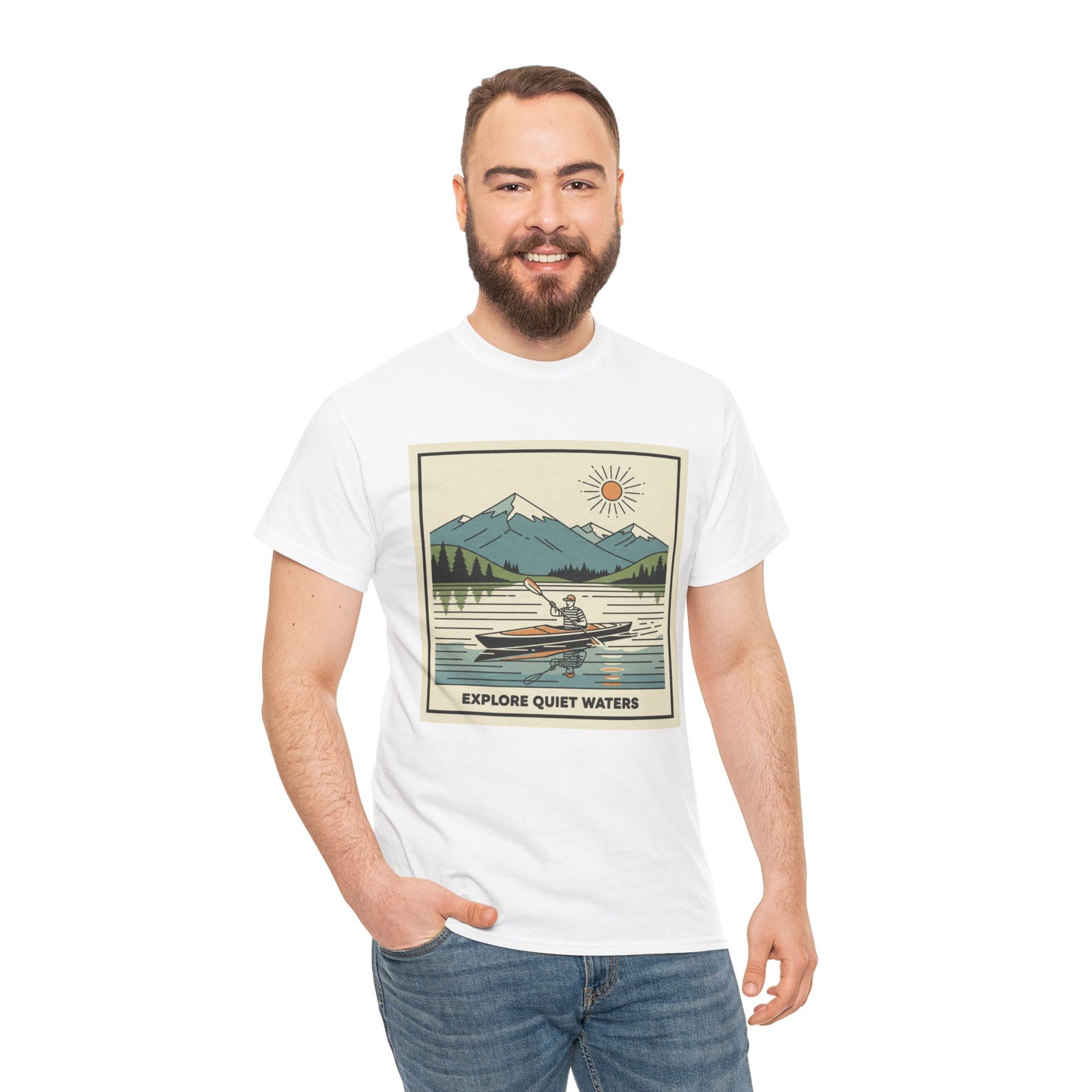 White graphic T-shirt by S&W Gallus, featuring a kayaking nature scene print, styled with jeans.