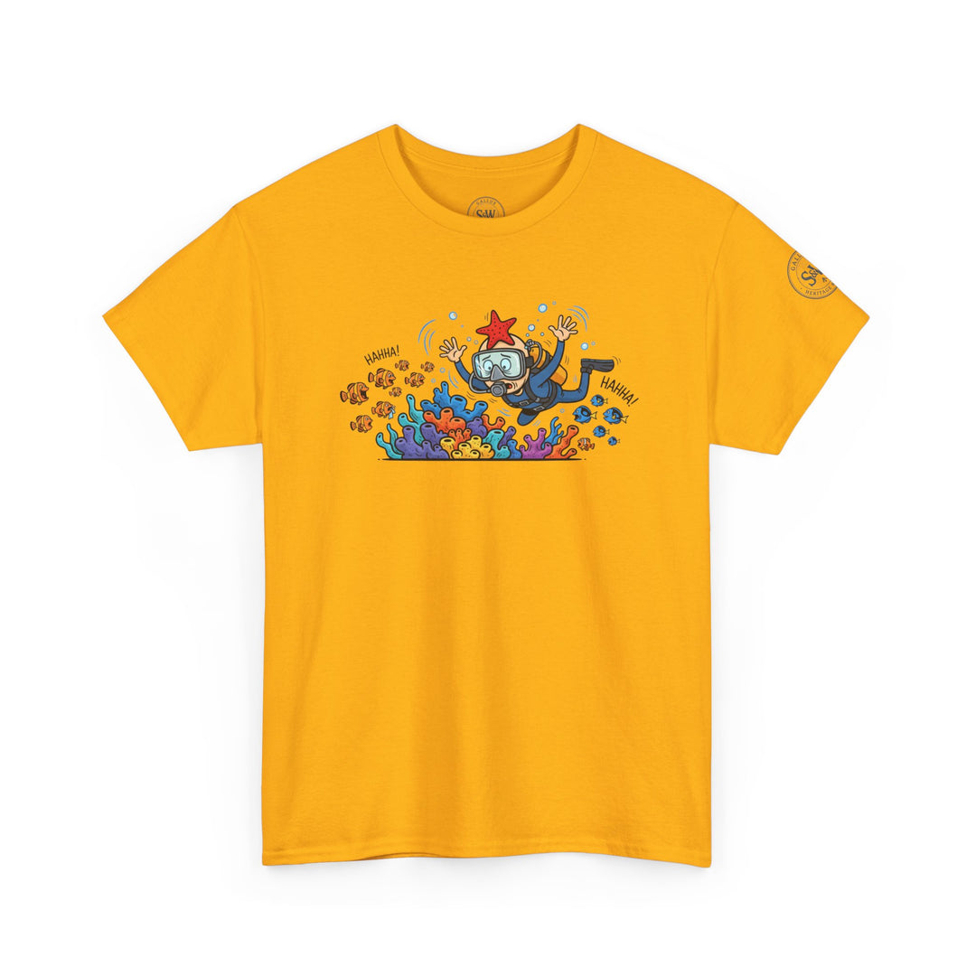 Mustard yellow t-shirt by S&amp;W Gallus, featuring a coral reef scene with a scuba diver cartoon.