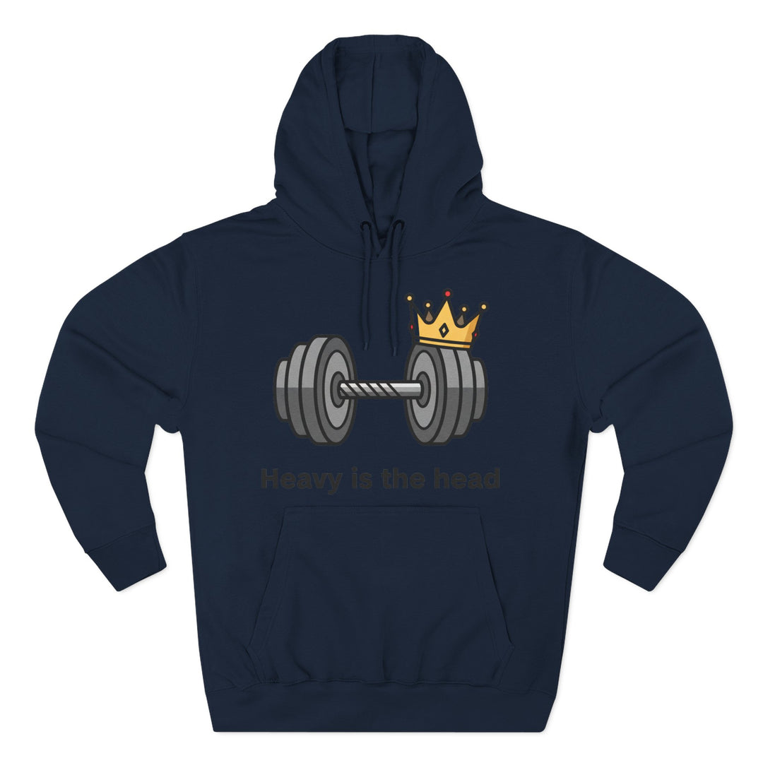 Navy hoodie by S&amp;W Gallus featuring a dumbbell wearing a crown, with "Heavy is the head" text.