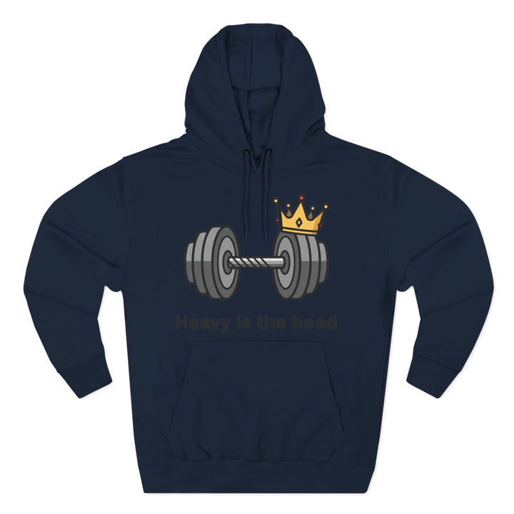 Navy hoodie by S&amp;W Gallus featuring a dumbbell wearing a crown, with "Heavy is the head" text.
