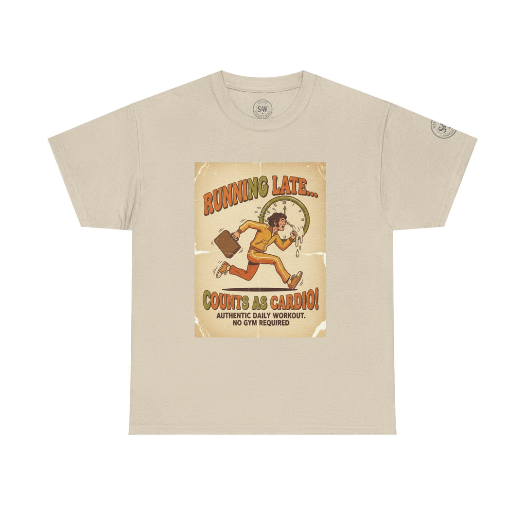 Beige T-shirt by S&amp;W Gallus featuring a "Running Late Counts As Cardio" graphic print.