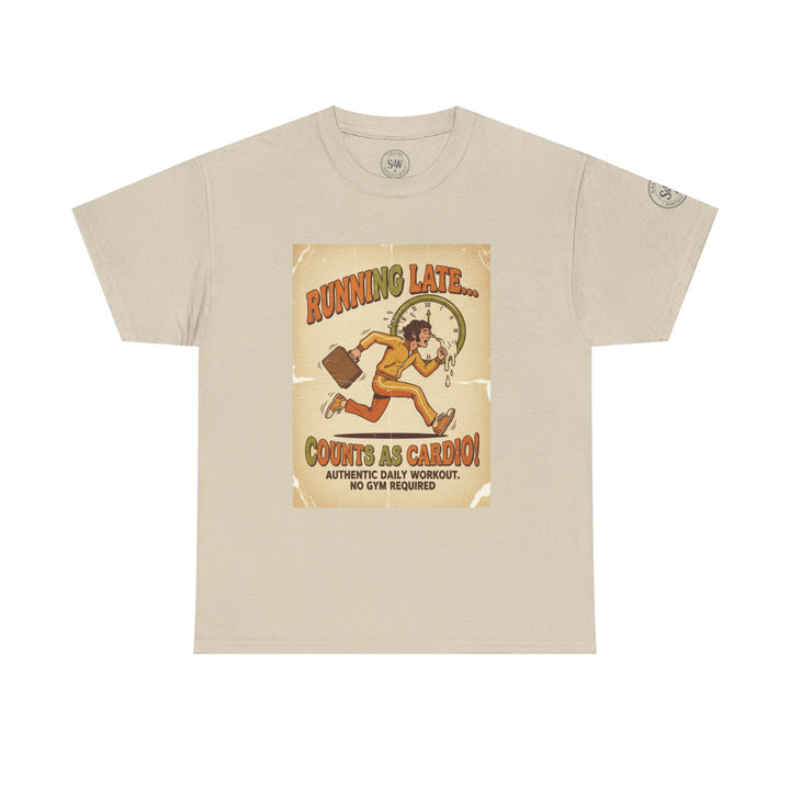 Beige T-shirt by S&amp;W Gallus featuring a "Running Late Counts As Cardio" graphic print.