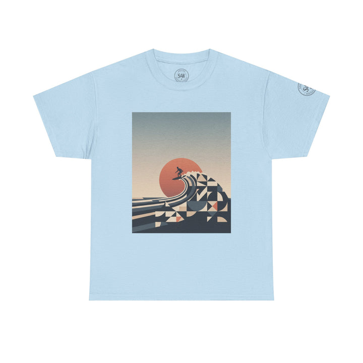 Light blue t-shirt by S&amp;W Gallus, featuring a surfer graphic with stylized geometric wave and sunset design.