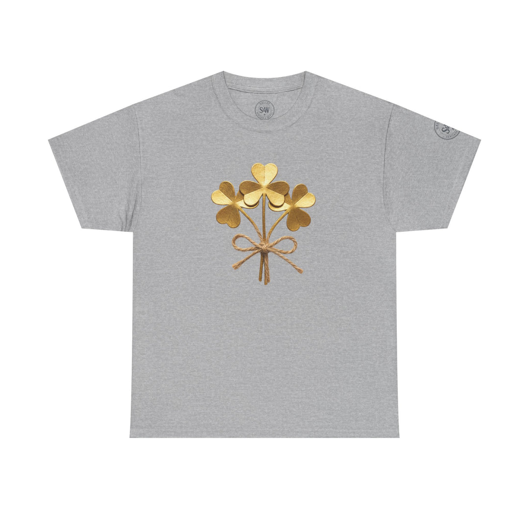 Grey t-shirt by S&amp;W Gallus featuring a golden shamrock bouquet tied with twine.