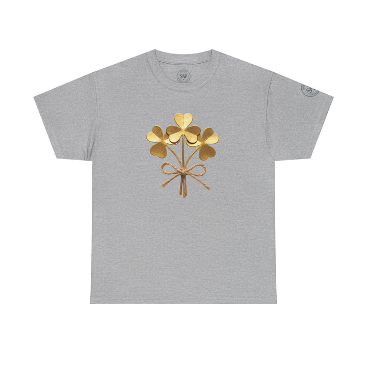 Grey t-shirt by S&amp;W Gallus featuring a golden shamrock bouquet tied with twine.