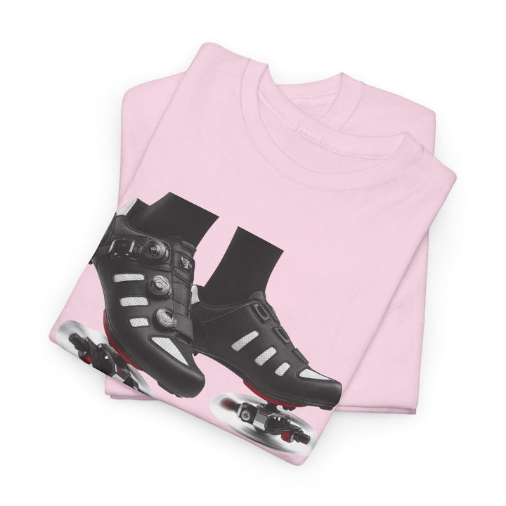 Spin Shoes Tee – soft, breathable cotton featuring a cycling shoes graphic. Perfect for spin classes, indoor workouts, and casual activewear.