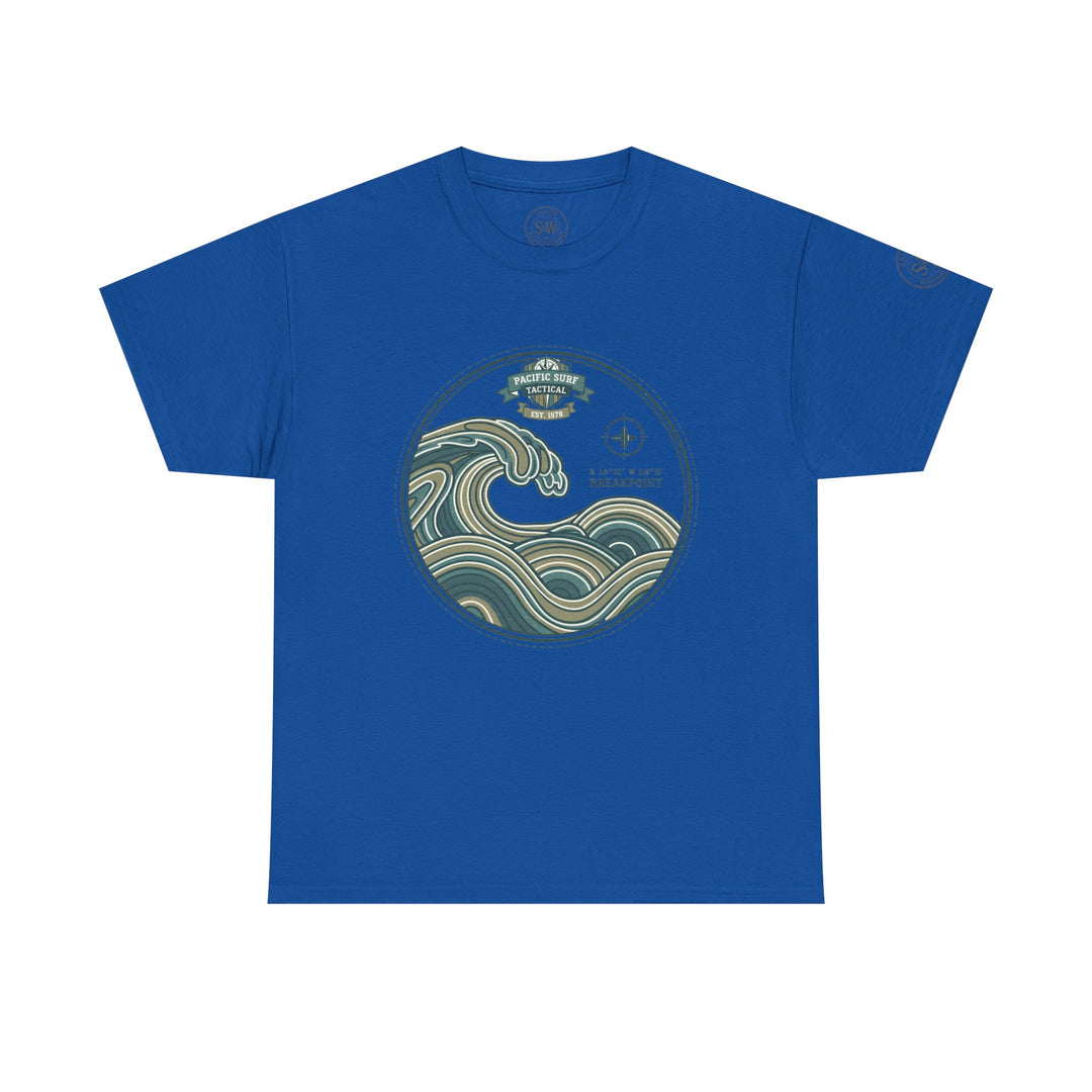 Royal blue T-shirt by S&amp;W Gallus with a circular wave crest graphic on the front.