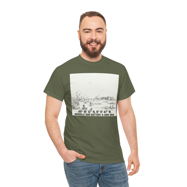 Olive green graphic t-shirt by Veteran owned, featuring a sketch of Merville Gun Battery on the front, worn with jeans.