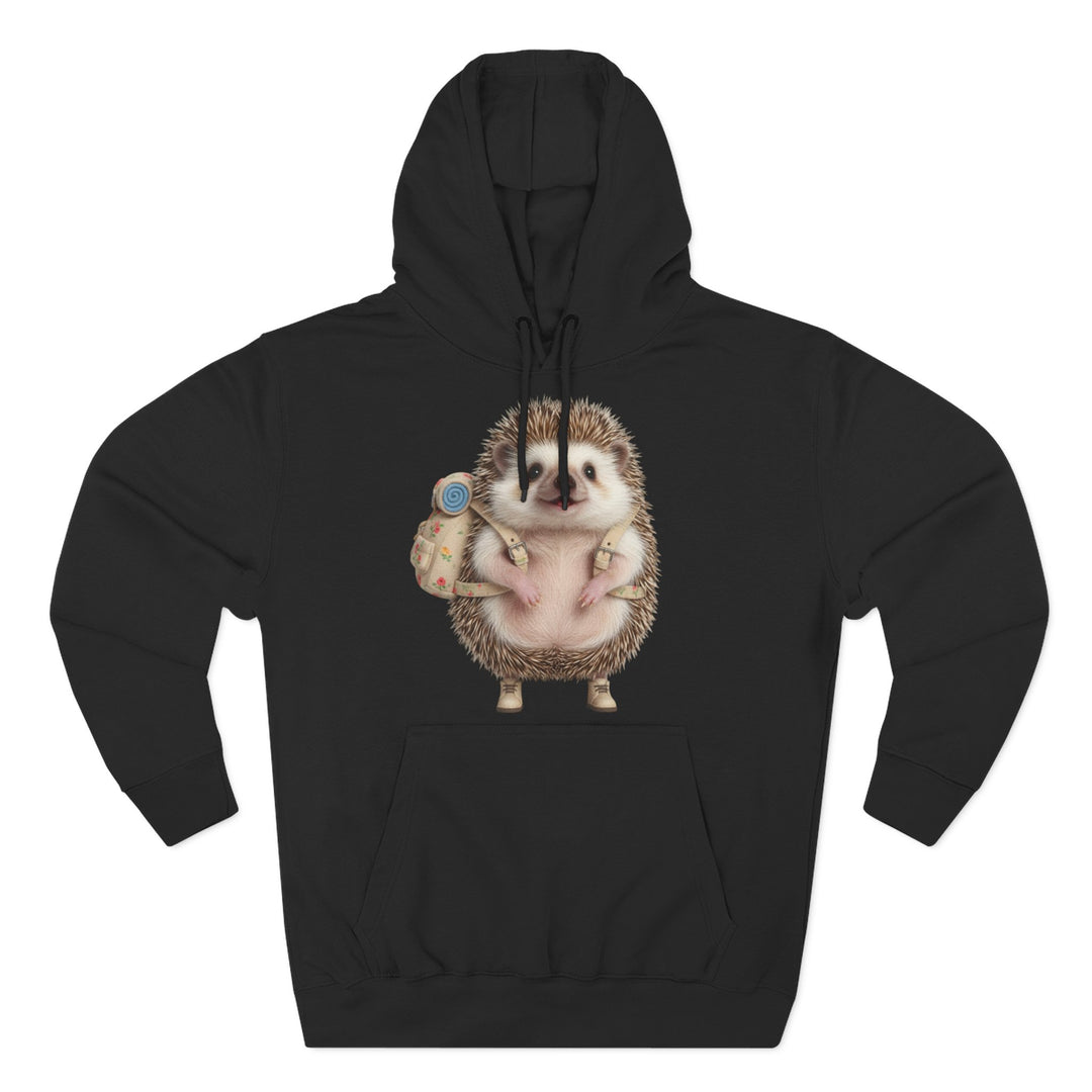 Black hoodie by S&amp;W Gallus featuring a cartoon hedgehog with a backpack, standing upright.