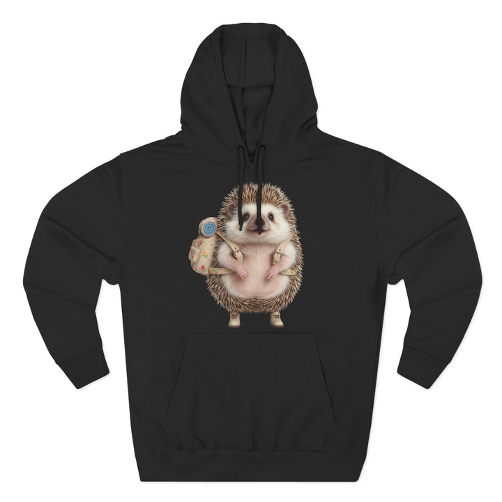 Black hoodie by S&amp;W Gallus featuring a cartoon hedgehog with a backpack, standing upright.