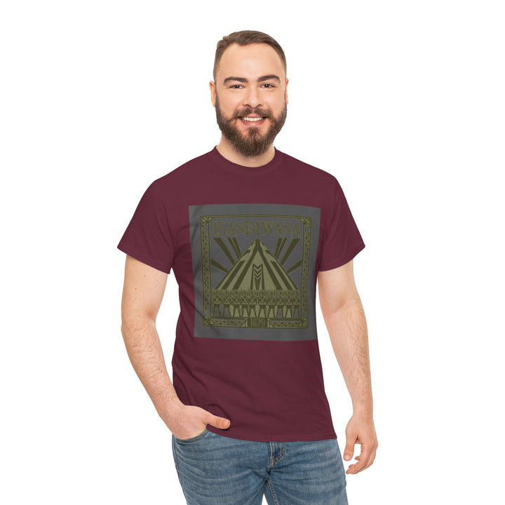 Isandlwana Festival Tee featuring bold “M” pyramid graphic. Outdoor music shirt inspired by iconic landscape vibes.