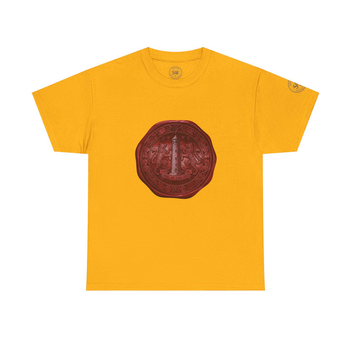 Yellow T-shirt by S&amp;W Gallus, featuring a vintage wax seal graphic on the front.