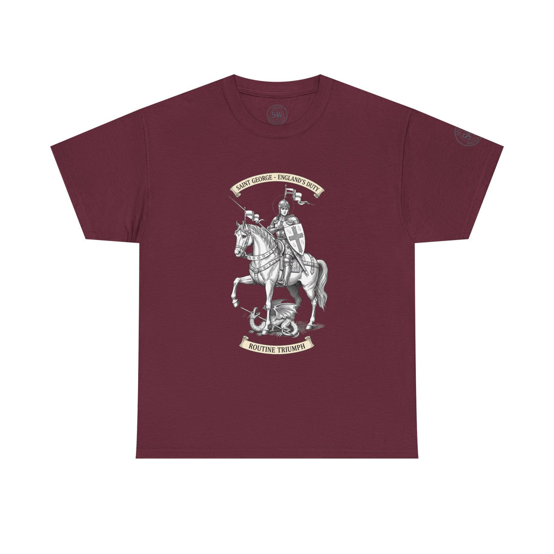 Maroon England Saint George t-shirt by S&amp;W Gallus, displaying a knight and dragon graphic with banner text.
