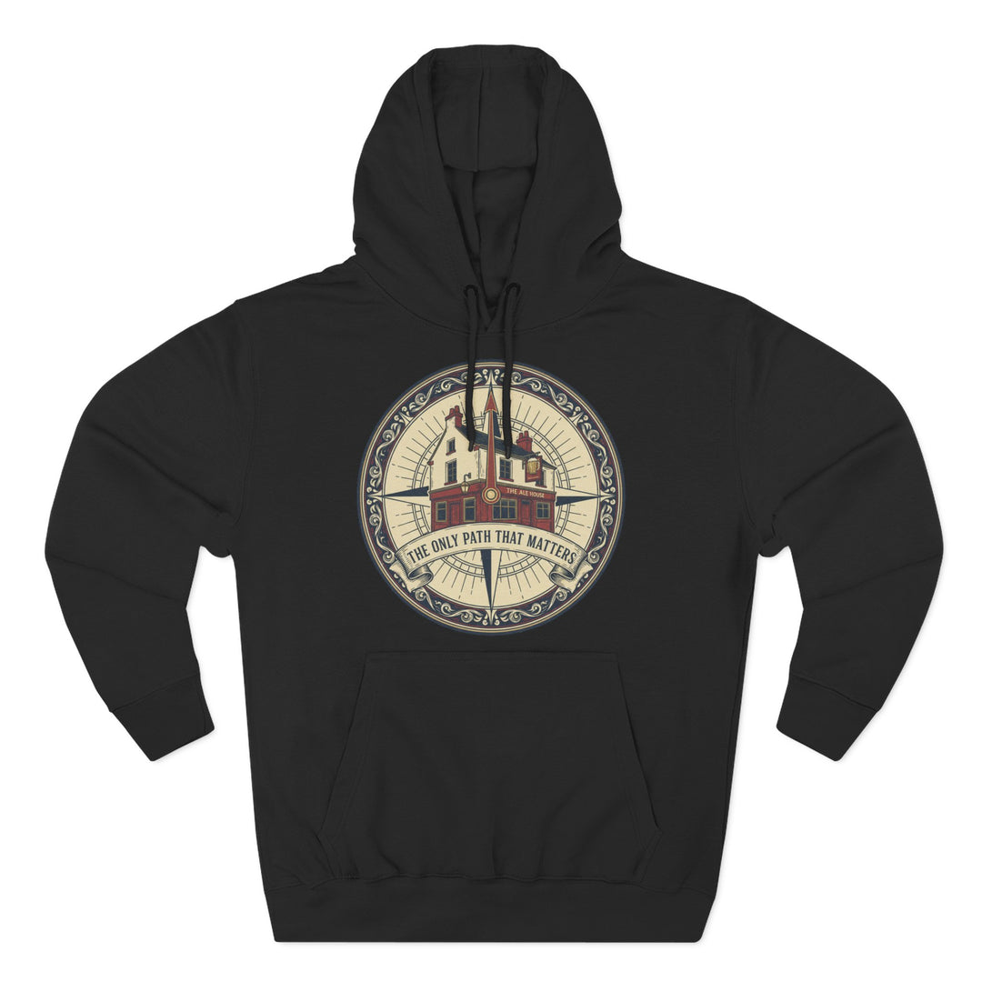 Black hoodie by S&amp;W Gallus with a compass graphic featuring a pub and the words "The Only Path That Matters."