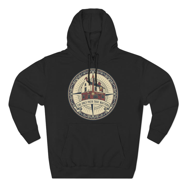 Black hoodie by S&amp;W Gallus with a compass graphic featuring a pub and the words "The Only Path That Matters."