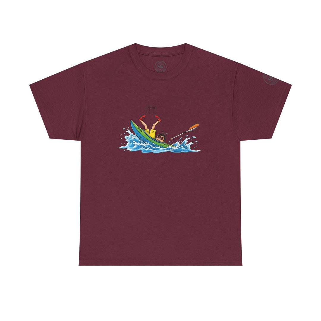 Burgundy t-shirt by S&amp;W Gallus featuring a cartoon graphic of a person capsizing in a kayak.