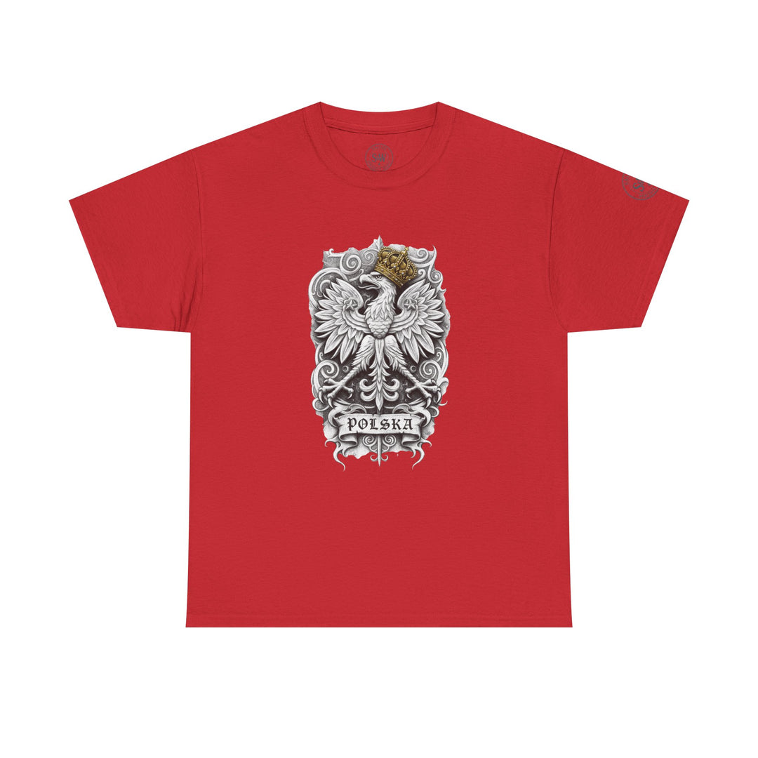 Red Poland White Eagle T-shirt by S&amp;W Gallus featuring a regal eagle crest and the word Polska.
