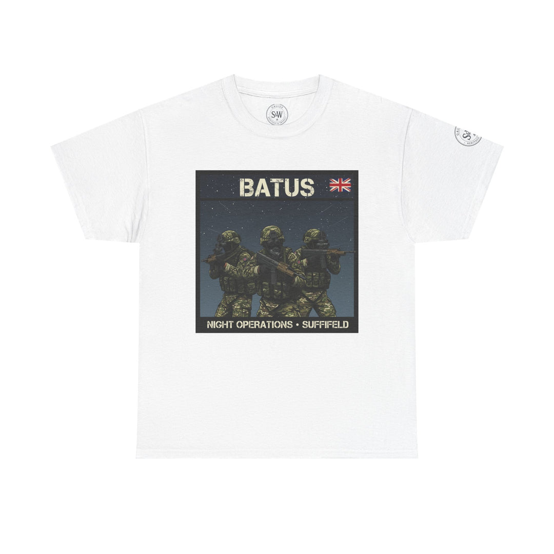 White graphic T-shirt by S&amp;W Gallus, featuring a military-themed design with soldiers and "BATUS Night Operations Suffield" text.
