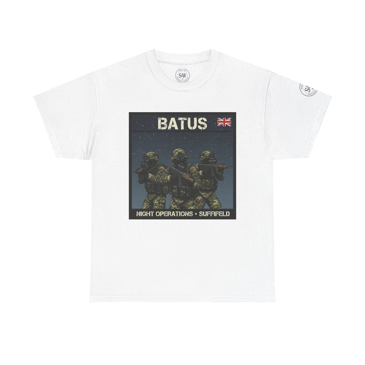 White graphic T-shirt by S&amp;W Gallus, featuring a military-themed design with soldiers and "BATUS Night Operations Suffield" text.
