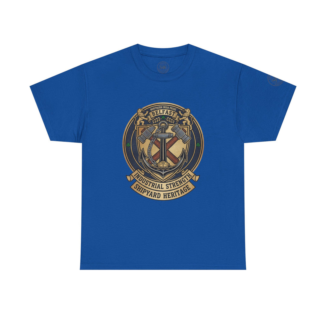 Blue Belfast Shipyard Heritage T-shirt by S&amp;W Gallus, featuring anchor and hammer graphic in an industrial style.