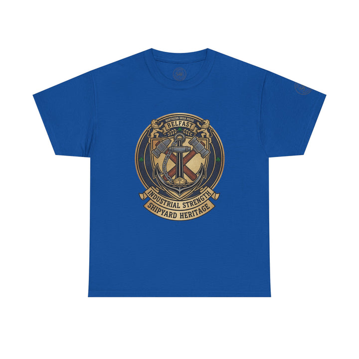 Blue Belfast Shipyard Heritage T-shirt by S&amp;W Gallus, featuring anchor and hammer graphic in an industrial style.