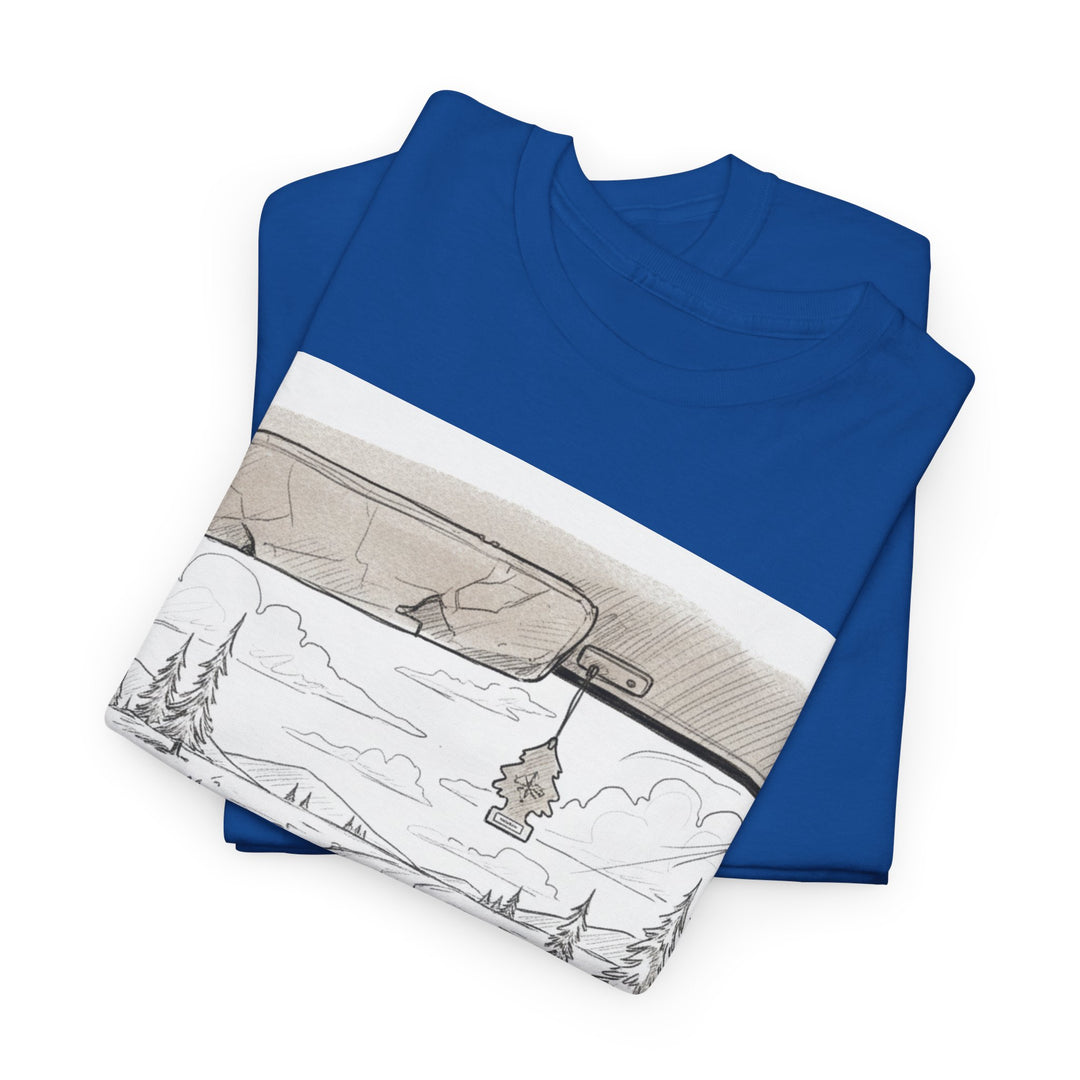 Scenic Drive Van Illustration Tee – soft cotton with a detailed van and landscape design. Perfect for road trips, outdoor adventures, and casual wear.
