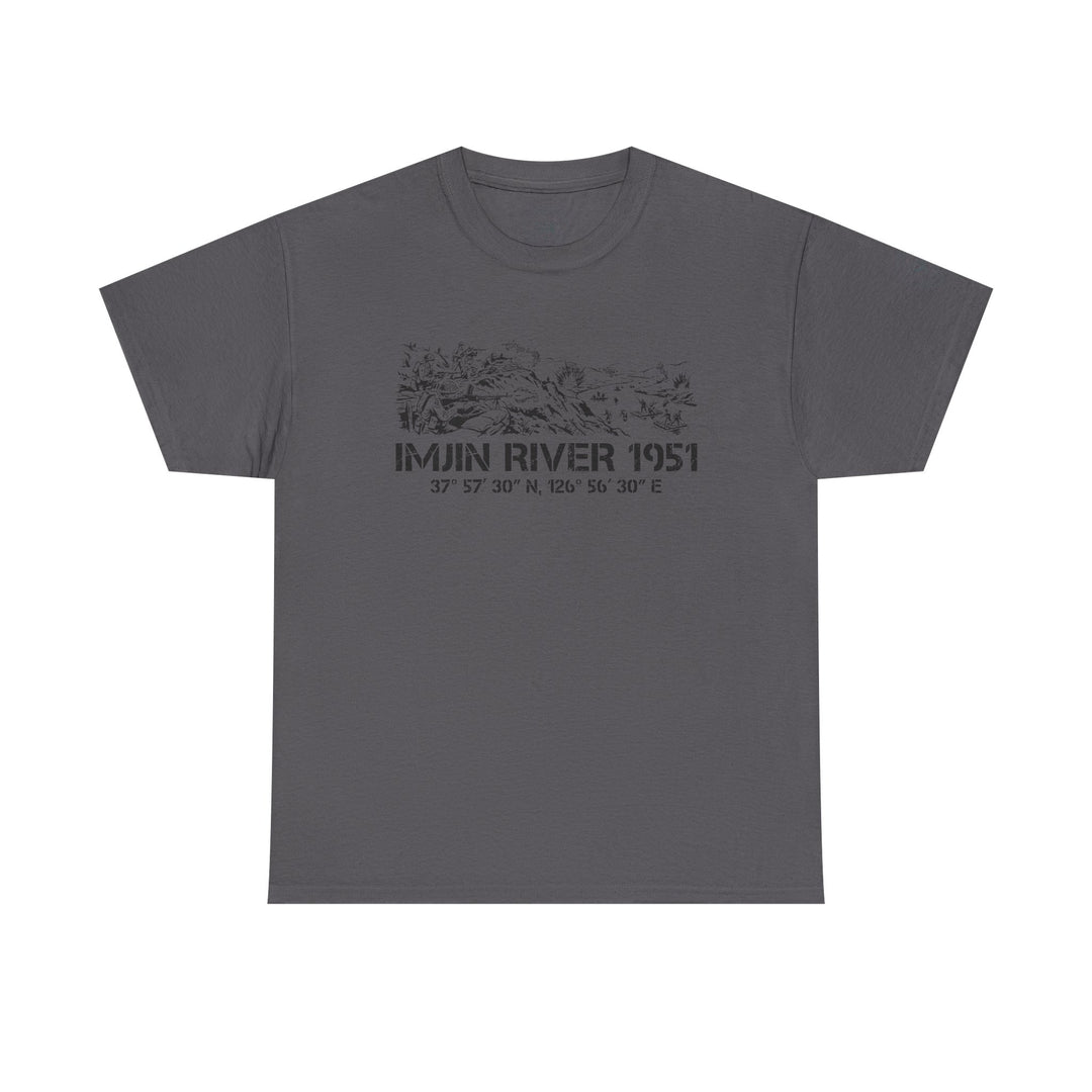 Gray t-shirt with "Imjin River 1951" graphic by S&amp;W Gallus, featuring coordinates and a war scene illustration.