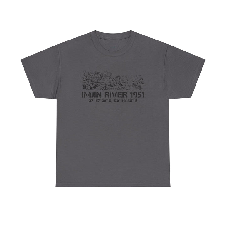 Gray t-shirt with "Imjin River 1951" graphic by S&amp;W Gallus, featuring coordinates and a war scene illustration.
