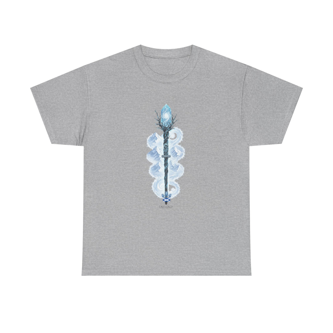 Gray t-shirt by S&amp;W Gallus, featuring a vertical fantasy staff illustration and a crew neck.