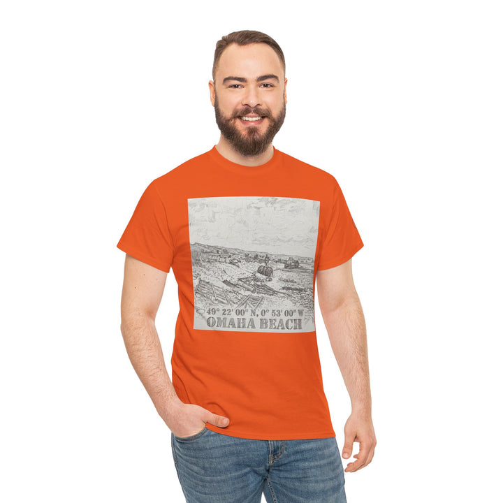 Orange t-shirt by Veteran owned, featuring a black and white Omaha Beach graphic, worn with jeans.