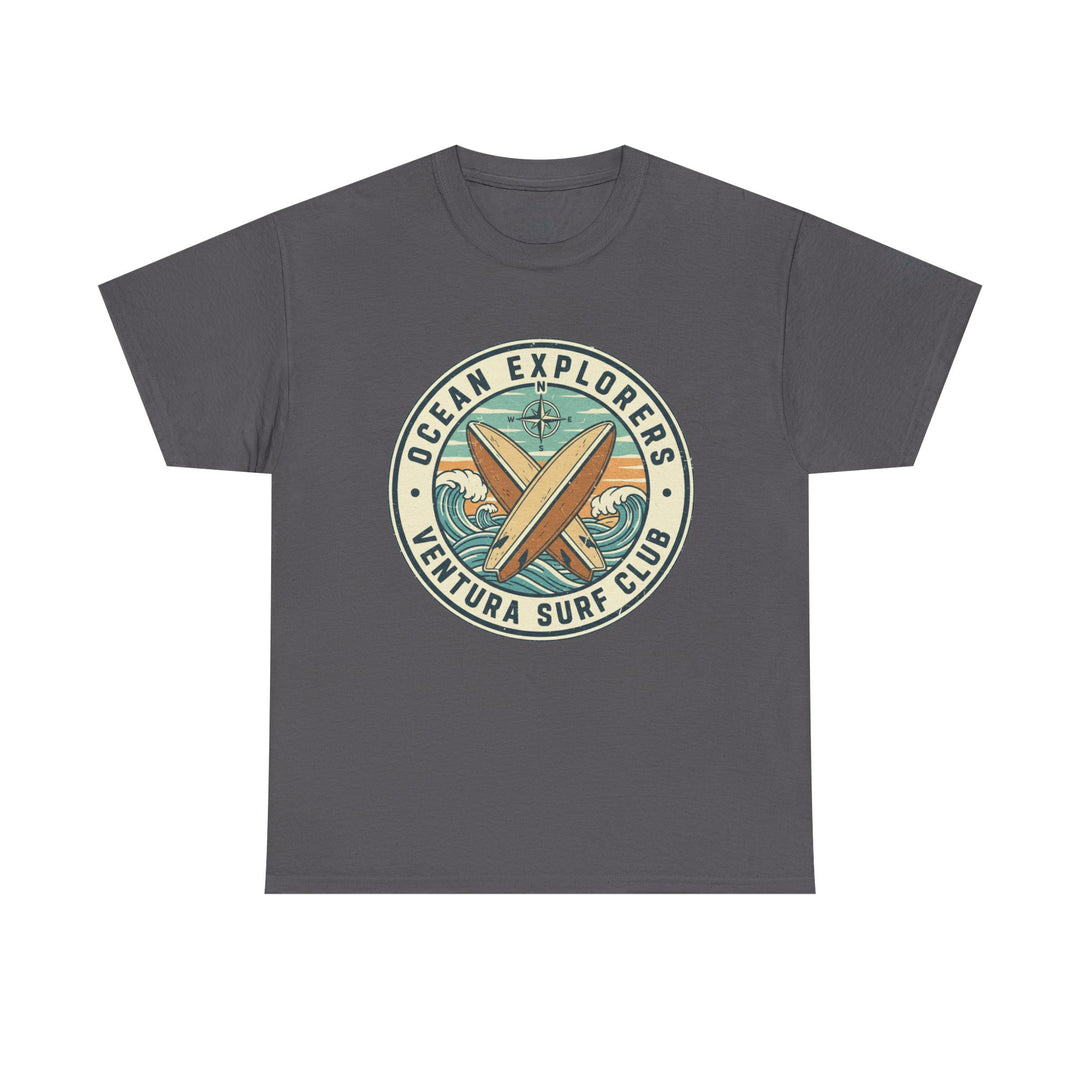 Gray t-shirt by S&amp;W Gallus, featuring a round logo with crossed surfboards and "Ventura Surf Club" text.