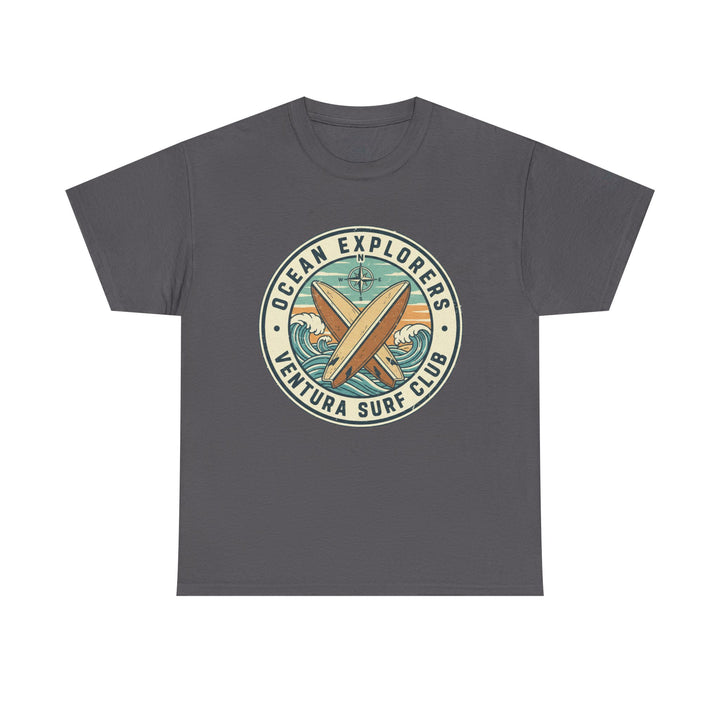 Gray t-shirt by S&amp;W Gallus, featuring a round logo with crossed surfboards and "Ventura Surf Club" text.