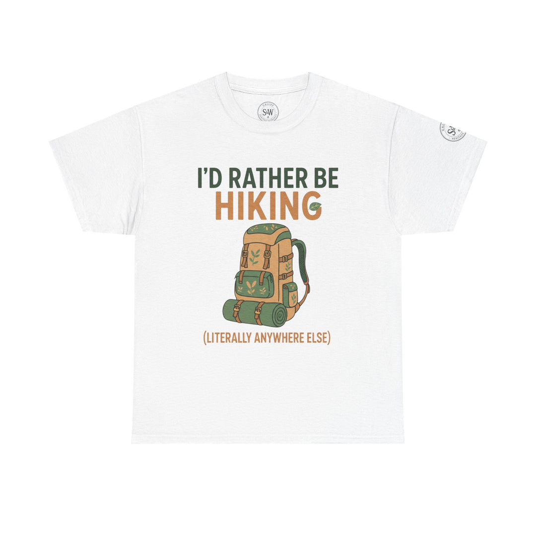 White hiking t-shirt by S&amp;W Gallus with a graphic of a camping backpack and the text, "I&