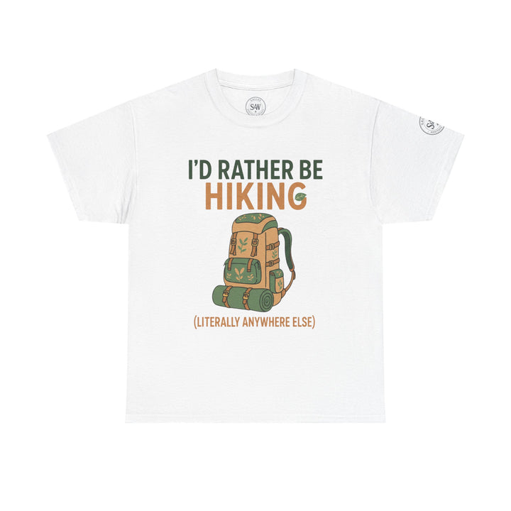 White hiking t-shirt by S&amp;W Gallus with a graphic of a camping backpack and the text, "I&