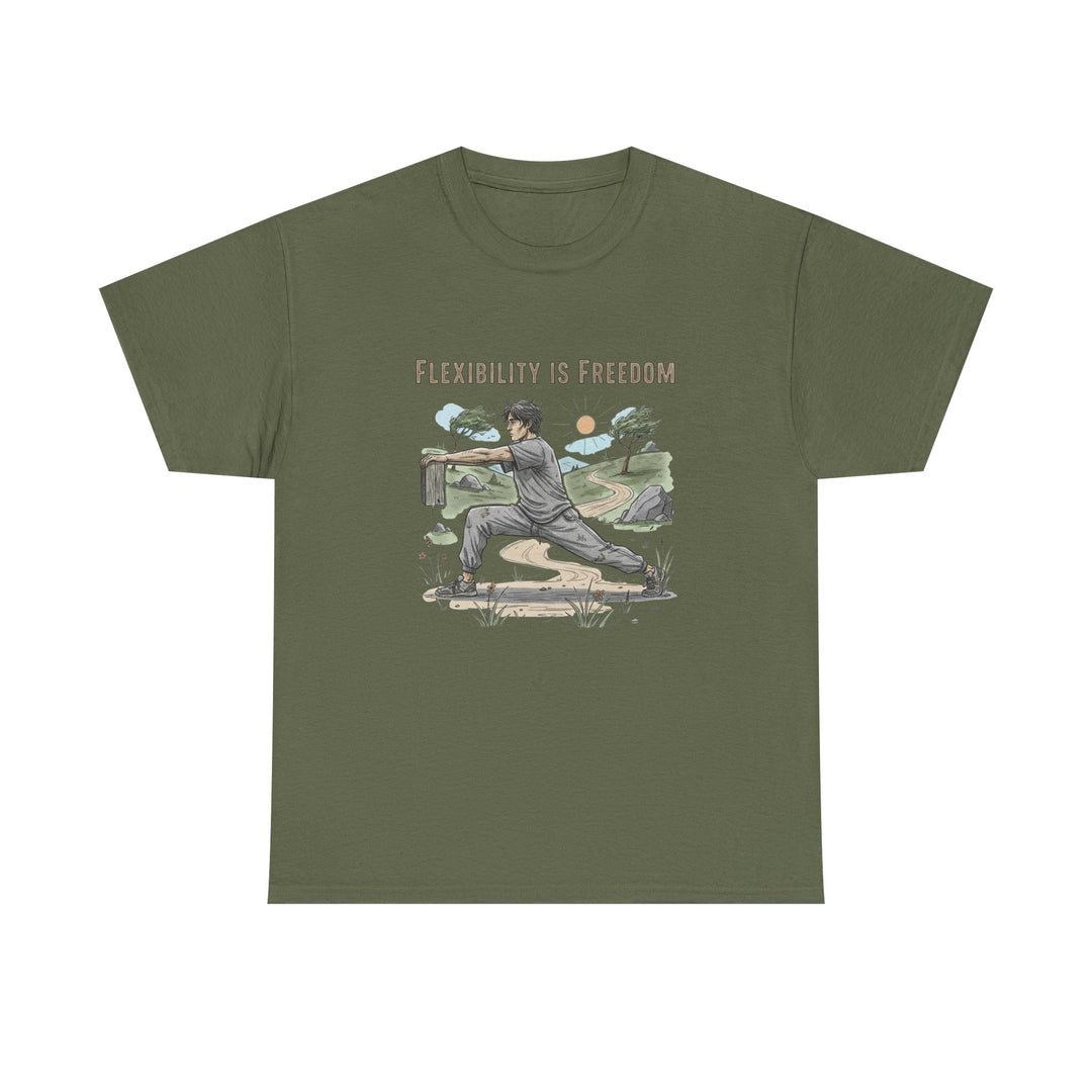 Flexibility Is Freedom Tee – soft, breathable cotton featuring a motivational design. Perfect for yoga, Pilates, stretching, or casual active lifestyle wear.