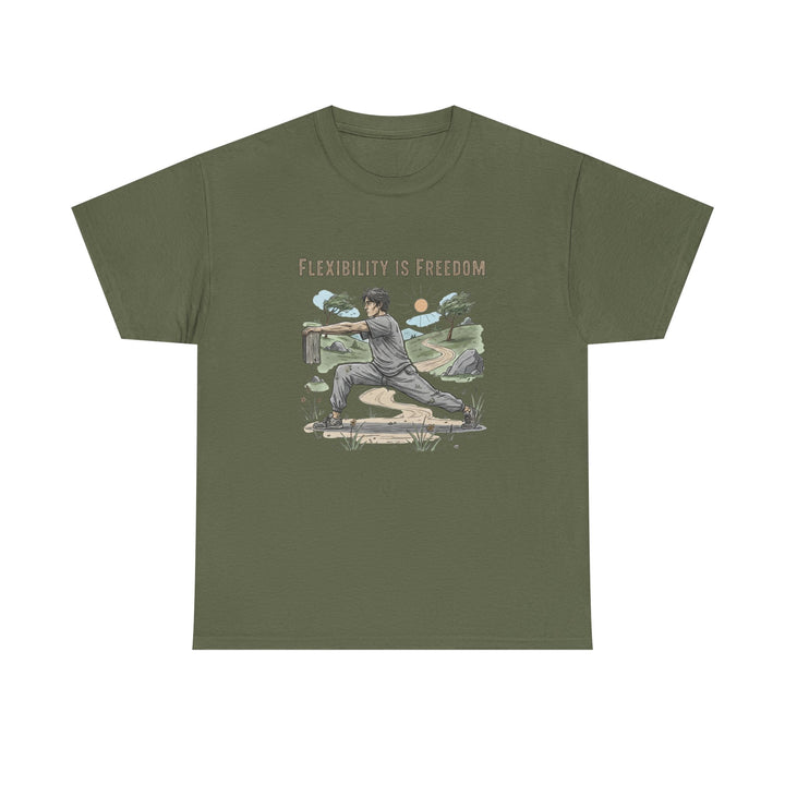 Flexibility Is Freedom Tee – soft, breathable cotton featuring a motivational design. Perfect for yoga, Pilates, stretching, or casual active lifestyle wear.