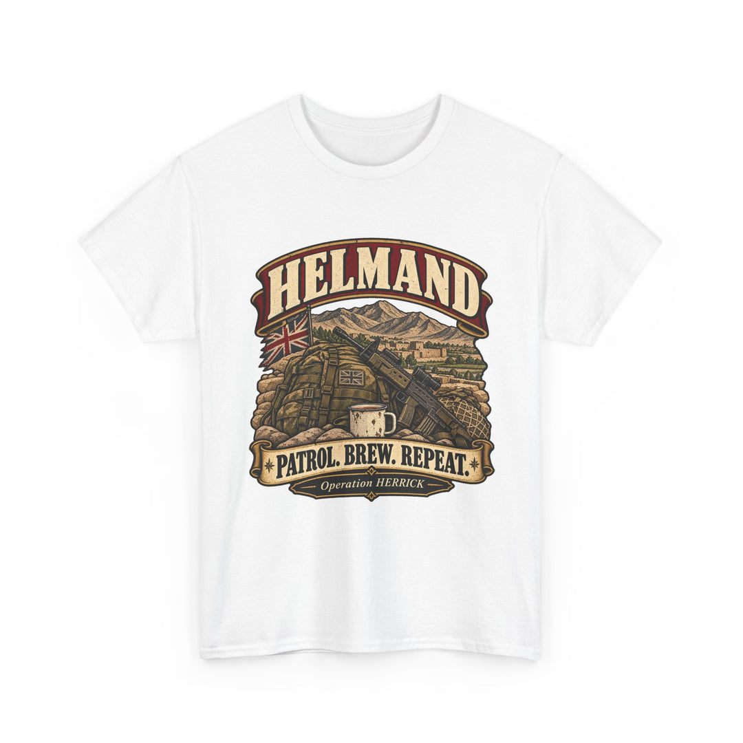 Helmand T-Shirt — “Patrol. Brew. Repeat.” Afghanistan Military Humour Tee