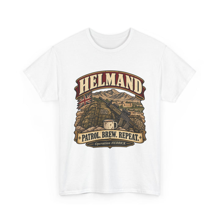 Helmand T-Shirt — “Patrol. Brew. Repeat.” Afghanistan Military Humour Tee